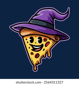 fun cartoon of sliced pizza with witch hat isolated colored drawing line art style sketch classic vintage design illustration