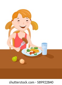 Fun cartoon small girl dined at the table