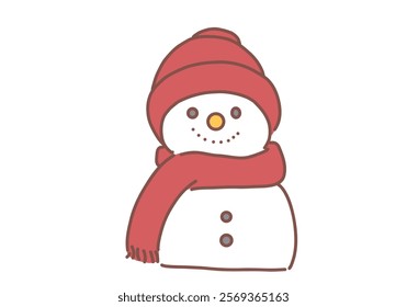 A fun cartoon snowman wearing a red hat and scarf is enjoying the winter holidays. Hand drawn style vector design illustrations.
