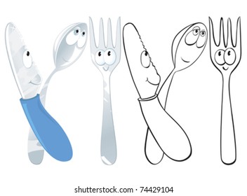 Fun cartoon spoon, knife and fork. Color and contour