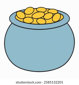 A fun cartoon style blue pot filled with sparkling gold coins, adding a unique twist to a classic treasure. Ideal for fantasy themes, treasure hunts, and game assets.