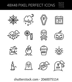 Fun cartoon style Halloween line art icons. Coffin, spider web, grave, ghost, magic potion and trick or treat. Pixel perfect, editable stroke
