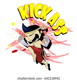 Fun cartoon thai boxer kicking. Vector illustration