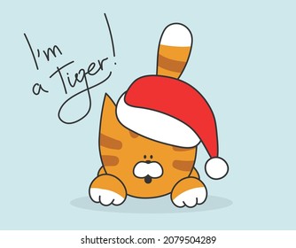 Fun cartoon tiger vector illustration. Happy Chinese New Year. Cute cat in santa hat design for holiday.