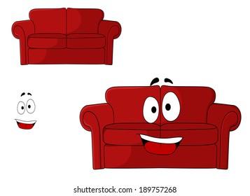 Fun Cartoon Upholstered Red Couch, Settee Or Sofa With A Big Happy Smile Isolated On White