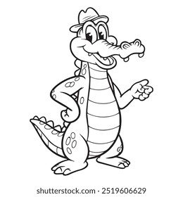 A fun cartoon vector of a friendly crocodile character wearing a hat, smiling, and pointing. Perfect for children’s illustrations, educational materials, and playful designs.