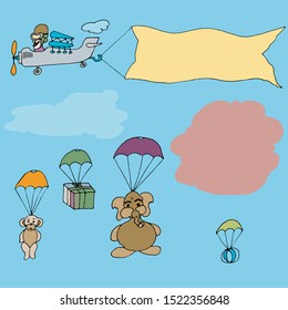 Fun cartoon vector illustration with airplane and parachuting toys with spaces for text