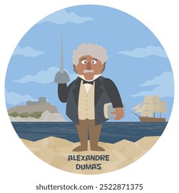 Fun cartoon vector illustration of Alexandre Dumas. Historical literature classic writer. Author of The Three Musketeers The Count of Monte Cristo. Flat colors.