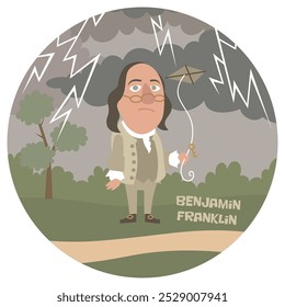 Divertida ilustração vetorial de Benjamin Franklin. Histórico e famoso cientista estadista inventor diplomata político autor. Estudei eletricidade. Pai fundador americano. Cores planas.