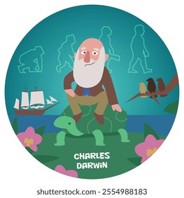 Fun cartoon vector illustration of Charles Darwin. Historical famous scientist naturalist biologist geologist. Studied evolution. Flat colors.