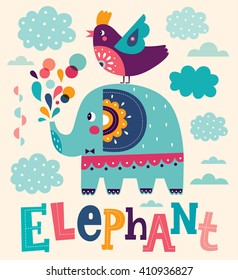 Fun cartoon vector illustration with cute elephant