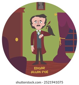 Fun cartoon vector illustration of Edgar Allan Poe. Historical literature classic writer. Author of The Raven The Telltale Heart The Cask of Amontillado. Flat colors.