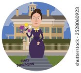 Fun cartoon vector illustration of Emily Dickinson. Historical literature. Classic writer of poetry. American poet. Flat colors.