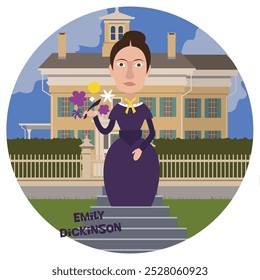 Fun cartoon vector illustration of Emily Dickinson. Historical literature. Classic writer of poetry. American poet. Flat colors.