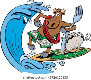 Eine lustige Cartoon-Vektorgrafik mit einem Stier, der eine "USDA Choice"-Schärpe trägt, der auf einer Welle neben einer lächelnden Muschel und einer riesigen Gabel surft. Dieses verspielte Design verbindet Essen, Humor und Surfkultur und ist damit perfekt für Restaurant-Branding, Food-Werbeaktionen, Marketing zum Thema Strand und kreative Stockbilder.