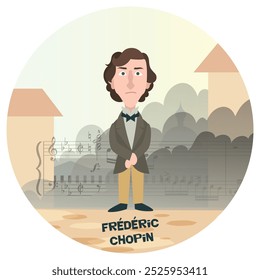 Ilustração divertida do vetor do desenho animado Frederic Chopin. Histórico famoso compositor de música romântica da Polônia Europa. Sonata de valsa concerto de piano polonesa. Cores planas.