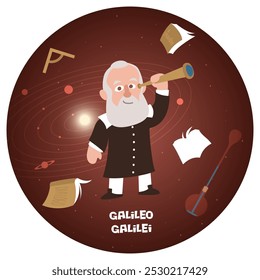 Ilustração divertida do vetor de desenhos animados de Galileu Galilei. Historiamente famoso cientista físico inventor astrônomo autor. Criado o telescópio. Estudou a gravidade dos planetas do sistema solar. Cores planas.