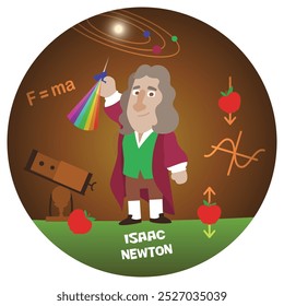 Fun cartoon vector illustration of Isaac Newton. Historical famous scientist physicist mathematician astronomer. Discovered gravity calculus light spectrum. Flat colors.