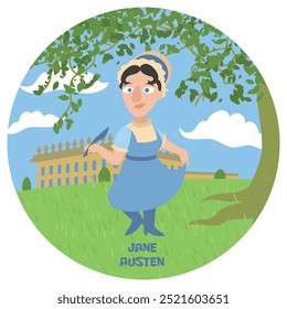 Fun cartoon vector illustration of Jane Austen. Historical literature classic writer. Author of Pride and Prejudice Emma Sense and Sensibility Persuasion. Flat colors.