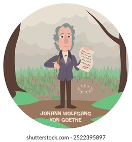 Divertida Ilustración vectorial de dibujos animados de Johann Wolfgang Von Goethe. Escritor clásico de literatura histórica. Autor de Fausto Prometeo. Colores planos.