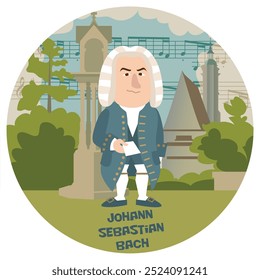 Divertida Ilustración vectorial de dibujos animados de Johann Sebastian Bach. Histórico famoso compositor de música barroca de Alemania y Europa. Sinfonía sonata concierto violín violonchelo órgano cantata misa de cámara. Colores planos.