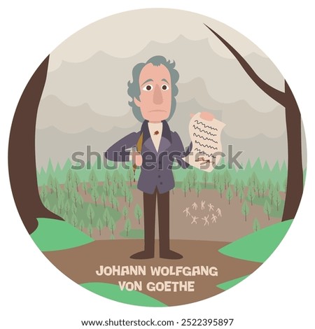 Fun cartoon vector illustration of Johann Wolfgang Von Goethe. Historical literature classic writer. Author of Faust Prometheus. Flat colors.