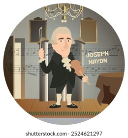 Ilustração divertida do vetor de desenhos de Joseph Haydn. Compositor histórico famoso de música clássica da Áustria Europa. Sinfonia sonata ópera concerto corda piano quarteto câmara violino. Cores planas.