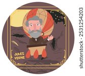 Fun cartoon vector illustration of Jules Verne. Historical literature classic scifi adventure writer from France. Author of Around the World in 80 Days. Flat colors.