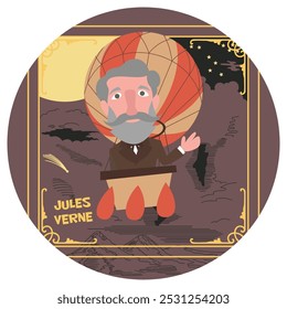 Divertida Ilustración vectorial de dibujos animados de Julio Verne. Escritor de aventuras científicas clásico de la literatura histórica de Francia. Autor de La vuelta al mundo en 80 días. Colores planos.