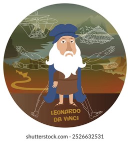 Divertida ilustração de vetor de desenhos animados de Leonardo da Vinci. Histórico pintor famoso cientista inventor da Itália. Mona Lisa Última Ceia. Cores planas.