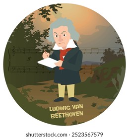 Divertida ilustração vetorial de Ludwig van Beethoven. Histórico famoso compositor de música romântica clássica da Alemanha Europa. Sinfonia sonata ópera concerto piano cordas. Cores planas.