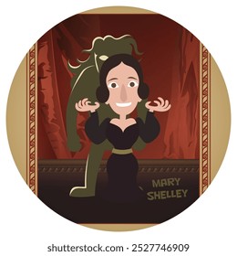 Fun cartoon vector illustration of Mary Shelley. Historical literature classic scifi horror writer. Author of Frankenstein. Flat colors.