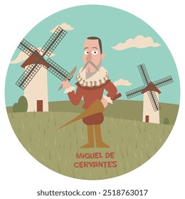 Divertida ilustração vetorial de desenhos animados de Miguel de Cervantes. Escritor clássico da literatura histórica. Autor de Dom Quixote. Cores planas.