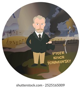 Divertida ilustração de vetor de desenhos animados de Pyotr Ilyich Tchaikovsky. Histórico famoso compositor de música romântica da Rússia Europa. Concerto sinfônico sonata balé valsa ópera piano violino. Cores planas.