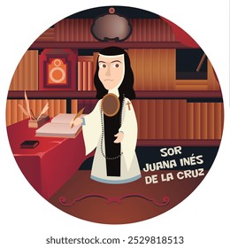 Fun cartoon vector illustration of Sor Juana Inés de la Cruz. Historical literature Latin American classic writer. Mexican nun poet. Flat colors.