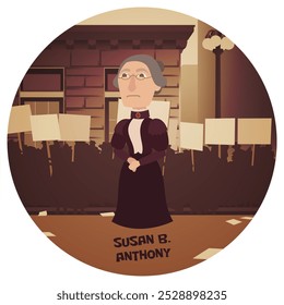 Divertida Ilustración vectorial de dibujos animados de Susan B Anthony. Histórico activista de voto de mujeres famosas. Líder de la protesta por el sufragio. Icono feminista. Colores planos.