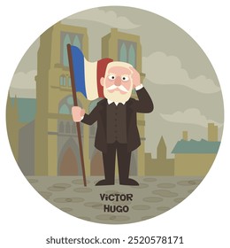 Ilustração divertida do vetor do desenho animado de Victor Hugo. Escritor clássico da literatura histórica. Autor de Les Miserables The Hunchback of Notre Dame. Cores planas.