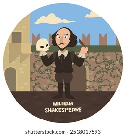 Divertida Ilustración vectorial de dibujos animados de William Shakespeare. Escritor clásico de literatura histórica. Autor de Hamlet Macbeth Romeo y Julieta. Colores planos.