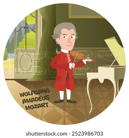 Ilustração divertida do vetor de desenhos animados de Wolfgang Amadeus Mozart. Histórico famoso compositor de música barroca clássica da Áustria Europa. Sinfonia sonata ópera concerto piano flauta clarinete. Cores planas.