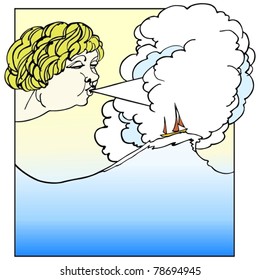 Fun cartoon vector line art, wind blowing the sails