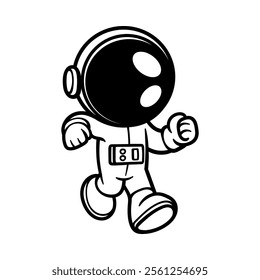 fun cartoon of walking astronaut isolated drawing line art style sketch classic vintage design illustration