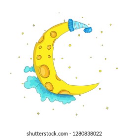 Fun cartoon yellow crescent moon with cap among the clouds icon. Yellow magic crescent moon with decoration on white background. Magical yellow crescent moon in dreams vector icon.