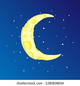 Fun cartoon yellow crescent moon among the stars icon. Yellow magic crescent moon with decoration on blue background. Magical yellow crescent moon in dreams vector icon.