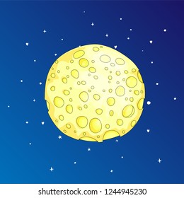 Fun cartoon yellow, sponge moon icon. Yellow magic full moon with decoration elements on blue background. Magical yellow full moon in dreams vector icon.