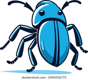A fun, cartoon-style blue beetle with big eyes and long legs