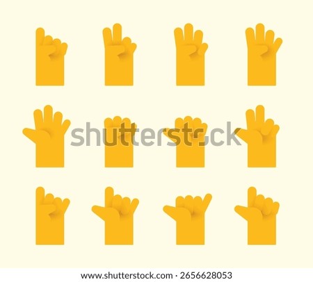 Fun cartoon-style hand gesture icons in flat design. Bright yellow hands in various expressive poses, ideal for children’s media, UI, and playful visuals.