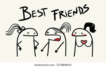 Fun cartoon-style illustration of three characters labeled "Best Friends," each with unique expressions and hairstyles. Represents friendship, joy, and connection in a lighthearted and creative style.