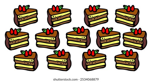 A fun, cartoon-style pattern featuring multiple slices of layered chocolate cake topped with berries, perfect for dessert-themed designs or bakery-related projects.