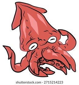 Un divertido personaje de calamar rojo de estilo de dibujos animados con ojos de gran tamaño y tentáculos rizados. Las líneas atrevidas y los colores brillantes lo hacen ideal para libros infantiles, juegos y materiales educativos de temática marina.
