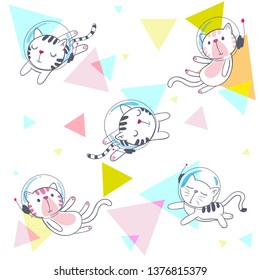 Fun cat astronaut in abstract space seamless pattern. Vector cartoon charters. Editable vector illustration.